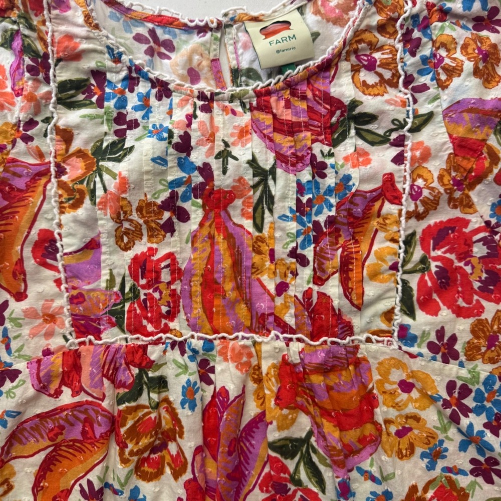 Farm Rio Womens Top Large Floral Swiss Dot Blouse Multi Color Boho Pom Poms - Picture 8 of 11